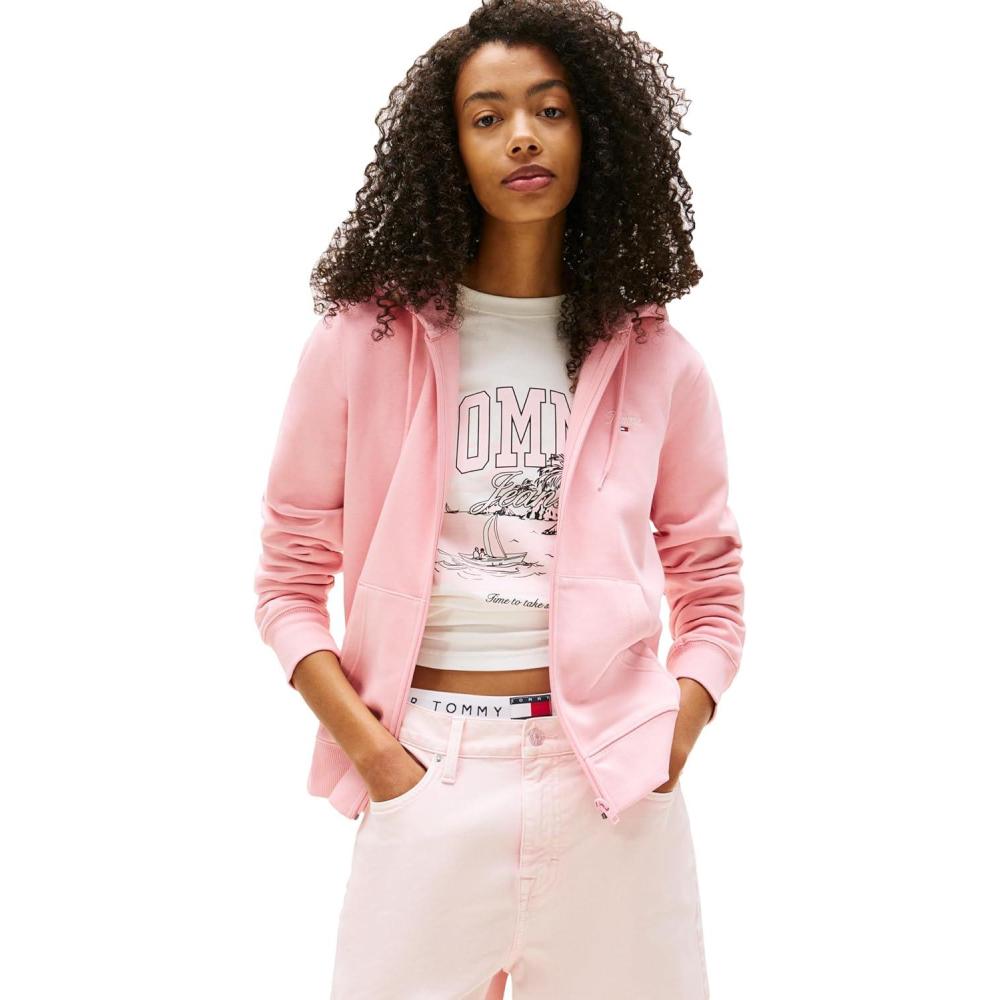 imageTommy Jeans womens Medium Weight Zip Up Hoodie With Script Logo and DrawstringBallet Pink