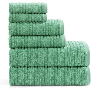 Tommy Hilfiger – Bath Towel Set, Absorbent Cotton with Zero Twist Construction, Medium Weight, Dorm Essentials, Oeko-Tex Certified (Brick Texture White, 6 Pack)(Brick Texture Medium Green)