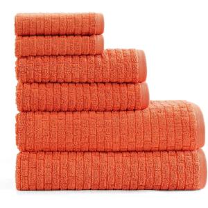 Tommy Hilfiger – Bath Towel Set, Absorbent Cotton with Zero Twist Construction, Medium Weight, Dorm Essentials, Oeko-Tex Certified (Brick Texture White, 6 Pack)(Brick Texture Orange)