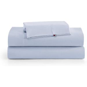 Tommy Hilfiger – Twin Bed Sheets, Moisture-Wicking Cotton Bedding with Matching Pillowcase, Lightweight Bed Set, Deep Pockets, Dorm Essentials, Oeko-Tex Certified (Performance Cooling White)(Light Blue)
