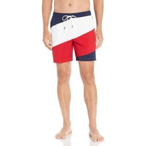 Tommy Hilfiger Mens 7” Flag Swim Trunks with Quick Dry(Apple Red Stripe)