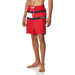 Tommy Hilfiger Mens 7” Flag Swim Trunks with Quick Dry(Red)