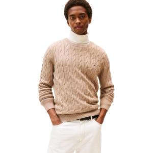 Tommy Hilfiger Mens Cable Knit Crewneck Sweater Lightweight Pullover(Coastal Taupe)