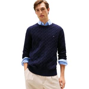 Tommy Hilfiger Mens Cable Knit Crewneck Sweater Lightweight Pullover(Desert Sky)