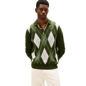 Tommy Hilfiger Mens Cotton Argyle Long Sleeve Pullover Sweater Polo(Arctic Spruce)