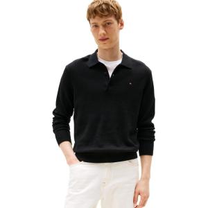 Tommy Hilfiger Mens Cotton Cashmere Long Sleeve Pullover Sweater Polo(Black)