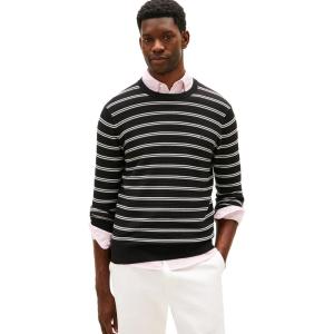 Tommy Hilfiger Mens Cotton Knit Lightweight Crewneck Sweater Pullover(Black/Ivory Petal)