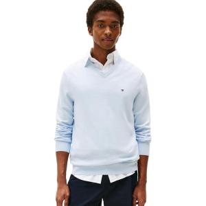 Tommy Hilfiger Mens Cotton Solid V Neck Sweater Lightweight Pullover(Brisk Blue)