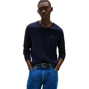 Tommy Hilfiger Mens Cotton Solid V Neck Sweater Lightweight Pullover(Desert Sky)