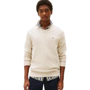 Tommy Hilfiger Mens Cotton Solid V Neck Sweater Lightweight Pullover(Heathered Oatmilk)