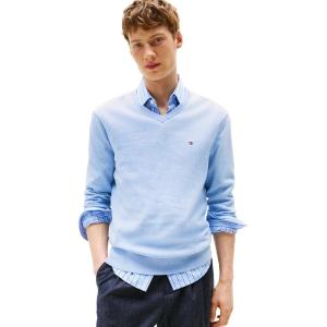 Tommy Hilfiger Mens Cotton Solid V Neck Sweater Lightweight Pullover(Vessel Blue Heather)
