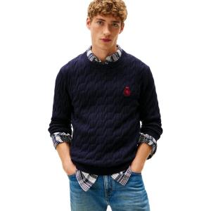 Tommy Hilfiger Mens Crest Cable Knit Crewneck Sweater Lightweight Pullover(Desert Sky)