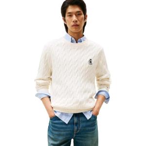 Tommy Hilfiger Mens Crest Cable Knit Crewneck Sweater Lightweight Pullover(Ivory Petal)