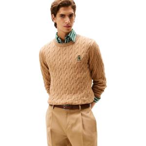 Tommy Hilfiger Mens Crest Cable Knit Crewneck Sweater Lightweight Pullover(Safari Canvas Heather)