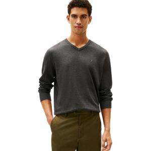 Tommy Hilfiger Mens Essential Long Sleeve Cotton V-Neck Pullover Sweater(Asphalt Heather)