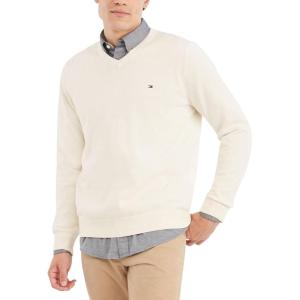Tommy Hilfiger Mens Essential Long Sleeve Cotton V-Neck Pullover Sweater(Beige Heather)