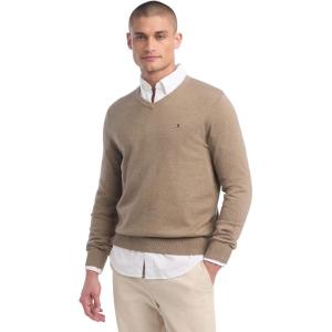Tommy Hilfiger Mens Essential Long Sleeve Cotton V-Neck Pullover Sweater(Dark Beige Heather)