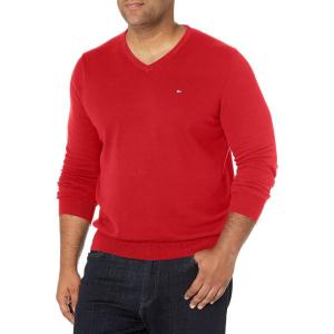 Tommy Hilfiger Mens Essential Long Sleeve Cotton V-Neck Pullover Sweater(Haute Red)