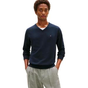 Tommy Hilfiger Mens Essential Long Sleeve Cotton V-Neck Pullover Sweater(Masters Navy)