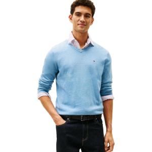 Tommy Hilfiger Mens Essential Long Sleeve Cotton V-Neck Pullover Sweater(Medium Chambray)