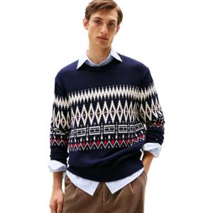 Tommy Hilfiger Mens Fairisle Cotton Crewneck Sweater Lightweight Pullover(Desert Sky/Ivory Petal)