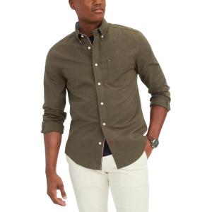 Tommy Hilfiger Men’s Long Sleeve Button Down Stretch Oxford Shirt in Regular Fit(Army Green)