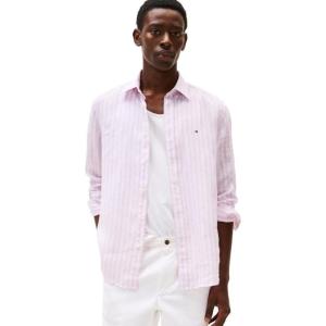 Tommy Hilfiger Mens Long Sleeve Casual Linen Button Down Shirts in Regular Fit(Classic Pink / Stripe)
