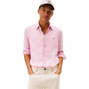 Tommy Hilfiger Mens Long Sleeve Casual Linen Button Down Shirts in Regular Fit(Classic Pink)