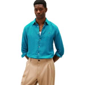 Tommy Hilfiger Mens Long Sleeve Casual Linen Button Down Shirts in Regular Fit(Deep Ocean)