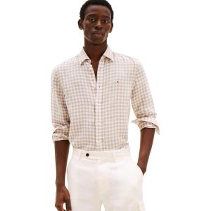 Tommy Hilfiger Mens Long Sleeve Casual Linen Button Down Shirts in Regular Fit(Sandalwood / Check)