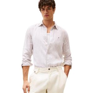 Tommy Hilfiger Mens Long Sleeve Casual Linen Button Down Shirts in Regular Fit(Sandalwood / Optic White)