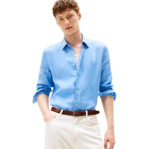 Tommy Hilfiger Mens Long Sleeve Casual Linen Button Down Shirts in Regular Fit(Vessel Blue)