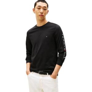 Tommy Hilfiger Mens Long Sleeve Cotton Graphic T-Shirts with Embroidered Logo(Black)