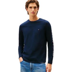 Tommy Hilfiger Mens Long Sleeve Cotton Graphic T-Shirts with Embroidered Logo(Desert Sky)