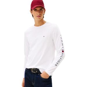 Tommy Hilfiger Mens Long Sleeve Cotton Graphic T-Shirts with Embroidered Logo(White)