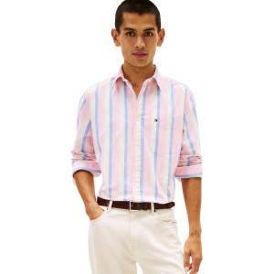 Tommy Hilfiger Mens Long Sleeve Oxford Shirts in Regular Fit, Men’s Button Down Shirts, Also Available in Big and Tall(Rose Petal / Multi Stripe)