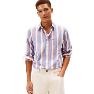 Tommy Hilfiger Mens Long Sleeve Oxford Shirts in Regular Fit, Men’s Button Down Shirts, Also Available in Big and Tall(Wedge Blue / Multi Stripe)