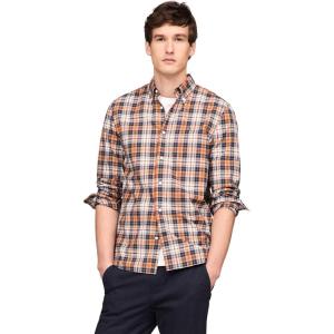 Tommy Hilfiger Mens Long Sleeve Poplin Shirts in Regular Fit, Men’s Button Down Shirts, Also Available in Big and Tall(Carbon Navy / Orange Thunder Check)