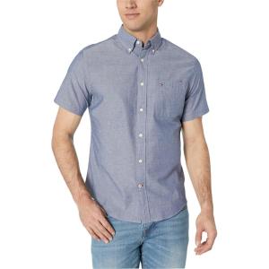 Tommy Hilfiger Mens Short Sleeve Casual Button Down Shirt in Regular Fit(Navy Blazer)