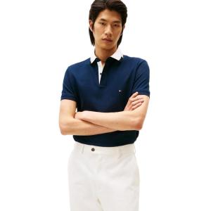 Tommy Hilfiger Mens Short Sleeve Casual Dri Fit Polo Shirts in Regular Fit with Stretch and Graphic Collar Detail(Dark Night Navy)