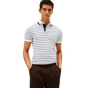 Tommy Hilfiger Mens Short Sleeve Casual Dri Fit Polo Shirts in Regular Fit with Stretch and Graphic Collar Detail(Ecru / Dark Night Navy)