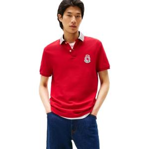 Tommy Hilfiger Mens Short Sleeve Casual Polo Shirts in Regular Fit with Crest and Collar Designs(Medium Red)