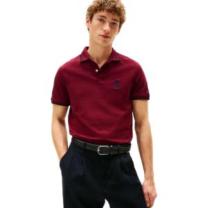 Tommy Hilfiger Mens Short Sleeve Casual Polo Shirts in Regular Fit with Embroidered Crest Design(Deep Rouge)