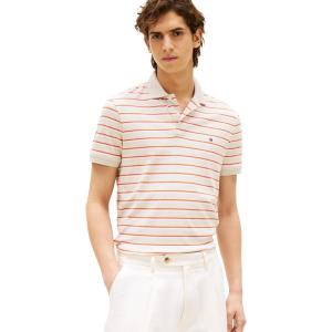 Tommy Hilfiger Mens Short Sleeve Casual Polo Shirts in Regular Fit with Liquid Cotton(Heathered Oatmilk Stripe)