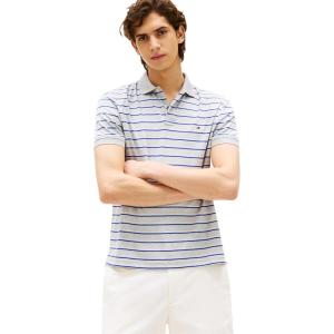 Tommy Hilfiger Mens Short Sleeve Casual Polo Shirts in Regular Fit with Liquid Cotton(Light Grey/Multi Stripe)