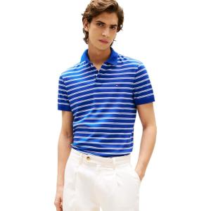 Tommy Hilfiger Mens Short Sleeve Casual Polo Shirts in Regular Fit with Liquid Cotton(Wedge Blue Stripe)