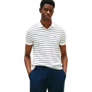 Tommy Hilfiger Mens Short Sleeve Casual Polo Shirts in Regular Fit with Liquid Cotton(White/Multi Stripe)