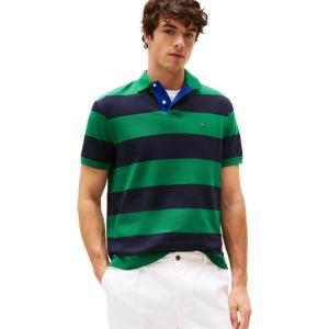 Tommy Hilfiger Mens Short Sleeve Casual Polo Shirts in Regular Fit with Rugby Stripe Designs(Nouveau Green / Desert Sky)