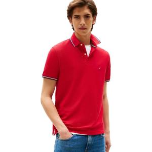 Tommy Hilfiger Mens Short Sleeve Casual Polo Shirts in Regular Fit with Stretch and Cuff Designs(Primary Red)