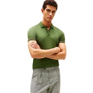 Tommy Hilfiger Mens Short Sleeve Casual Polo Shirts in Slim Fit with Liquid Cotton and Cuff Designs(Mountain Pine)